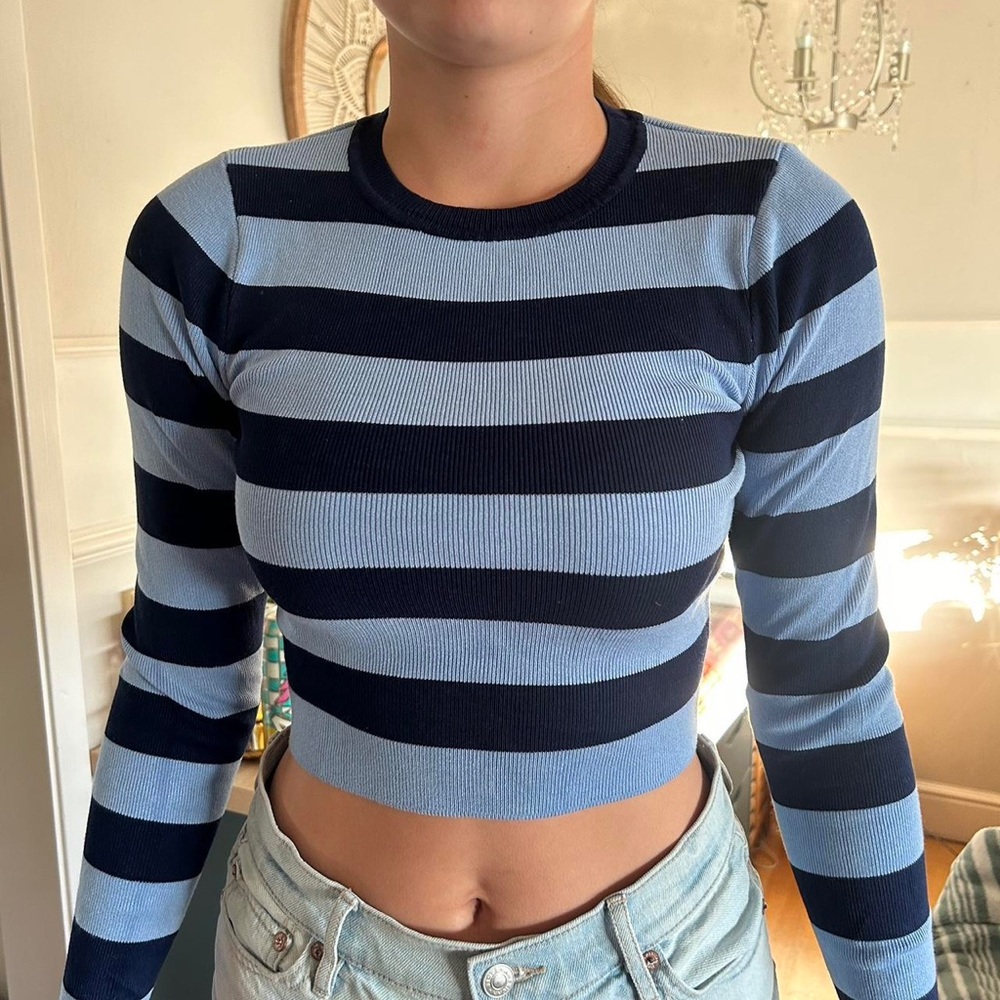 ZARA blue striped ribbed crop top - long sleeve